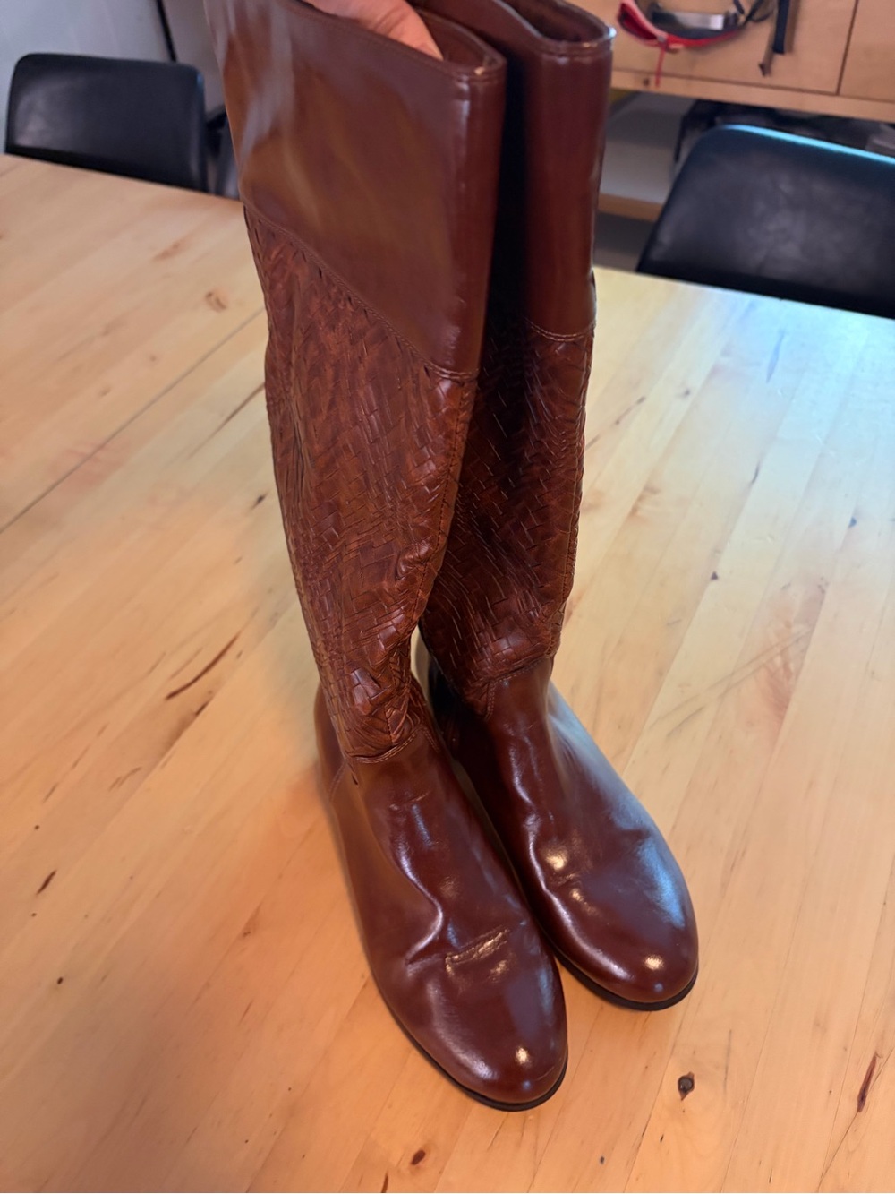 Ashro Brown Woven Leather Knee Boots